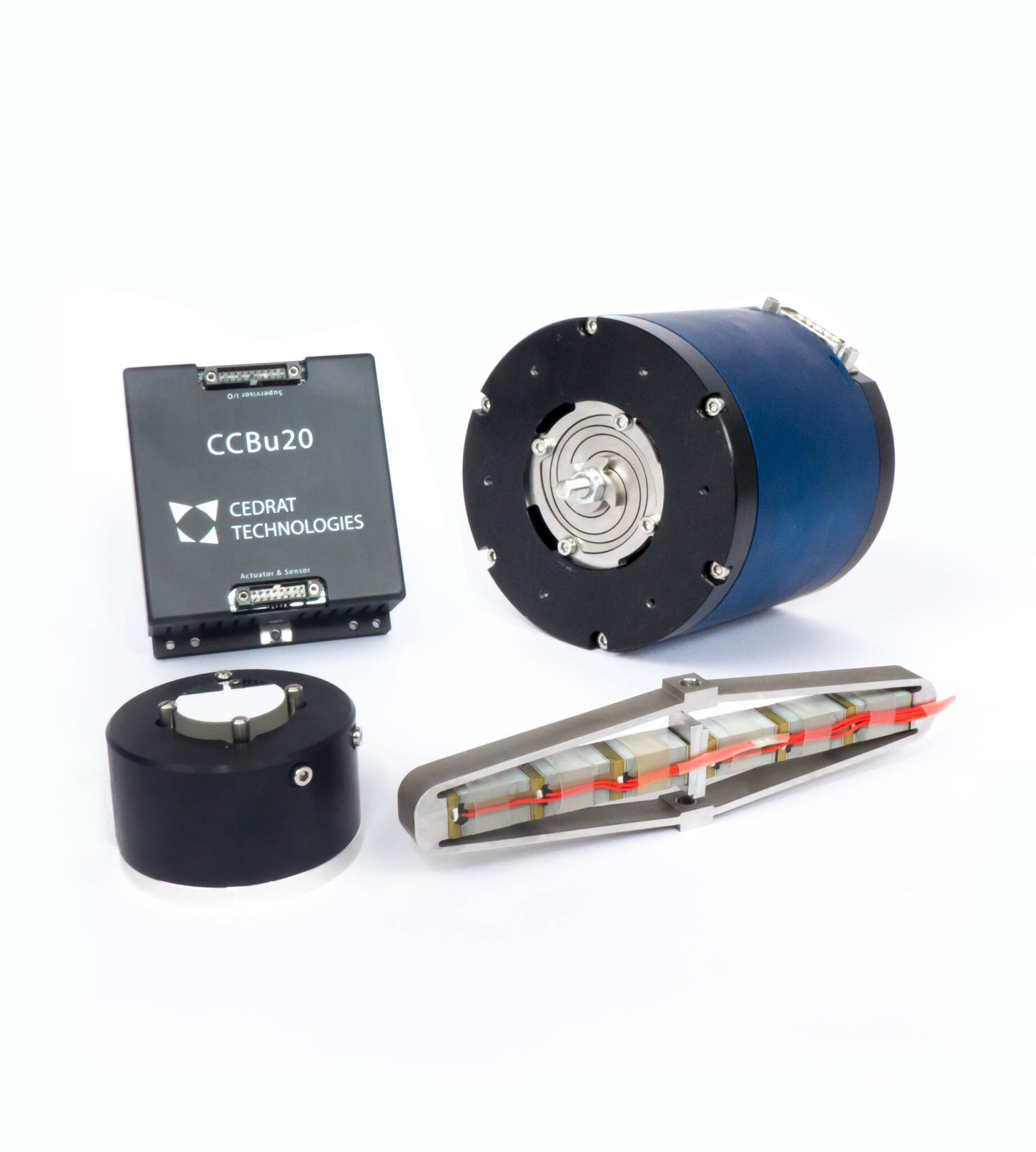 A picture showing diferent actuators, mechanisms and electronics from CEDRAT TECHNOLOGIES
