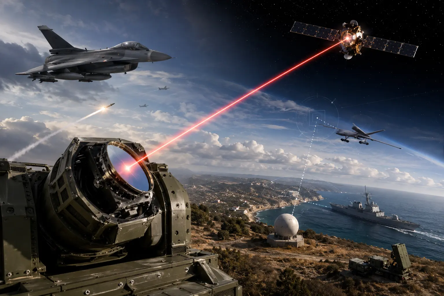Photorealistic illustration of a Magnetic Fast Steering Mirror (FSM) directing a laser beam toward a satellite, with military aircraft, naval assets and radar systems illustrating defense tracking and space optical communication.